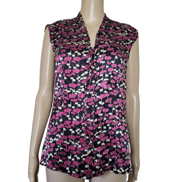 Alfani Tops - Alfani Women's Black Floral Sleeveless Silk Tie Neck Button Up Blouse Top Sz 10